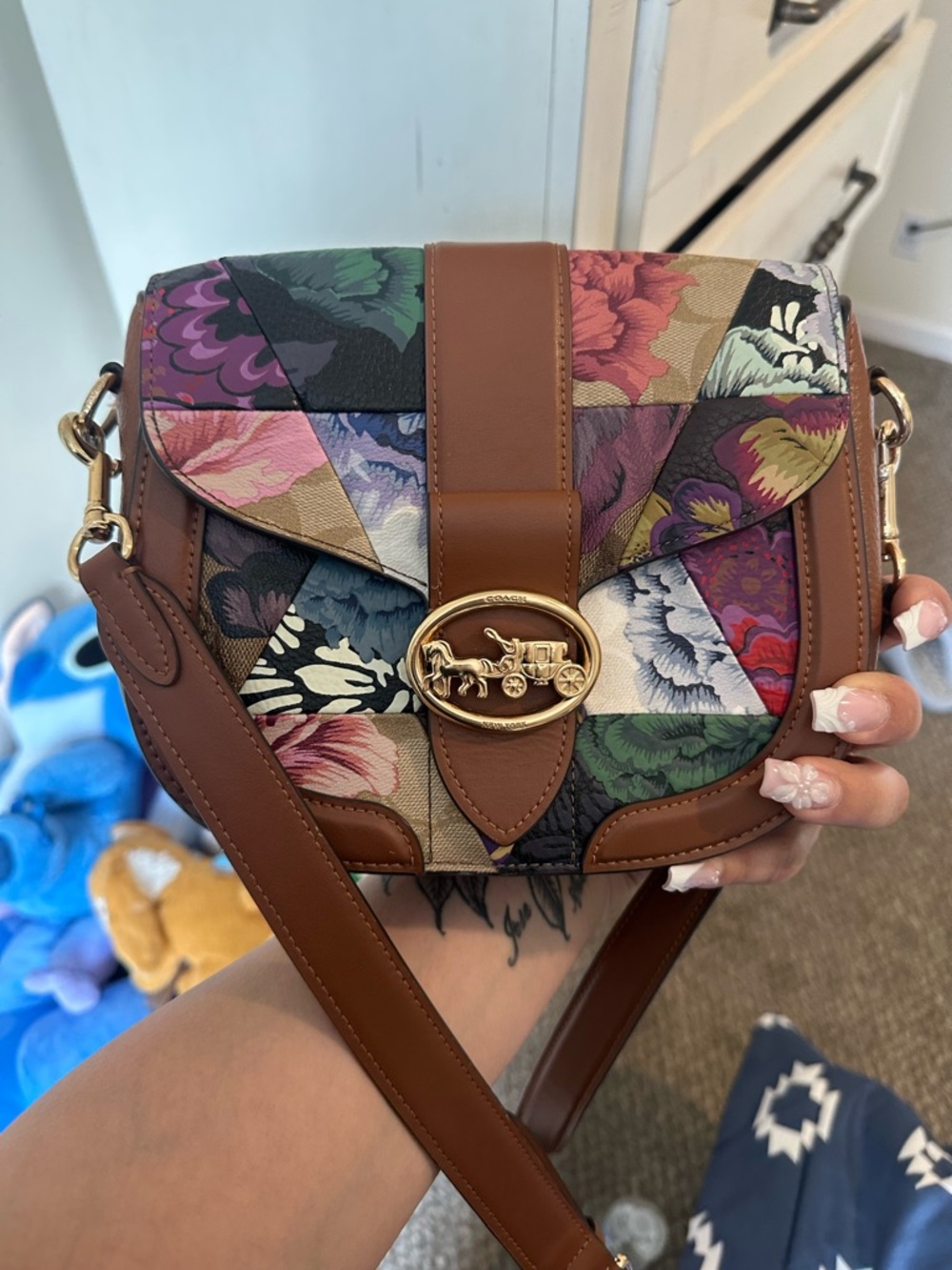 Coach Brown Leather Floral Patchwork Saddle Crossbody Bag